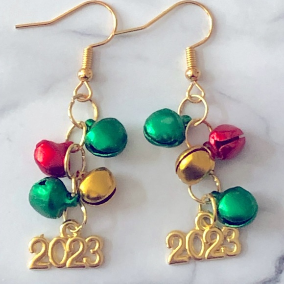 New 2023 or 2024 Prom Graduation New Year’s Eve Jingle Bells Handmade Earrings - Picture 1 of 4